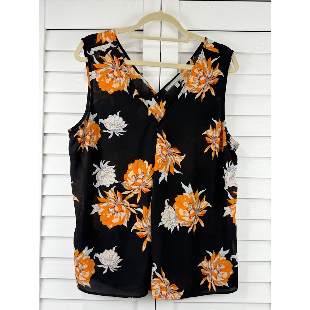 Daniel Rainn Tank Top XL Black Orange Floral‎ V-Neck Sleeveless Chiffon Blouse